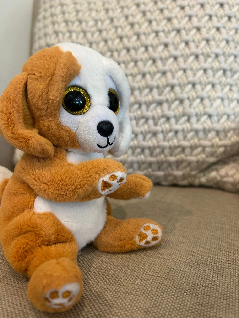 Plush Pair: White Polar Bear and Tan Puppy with Sparkly Eyes